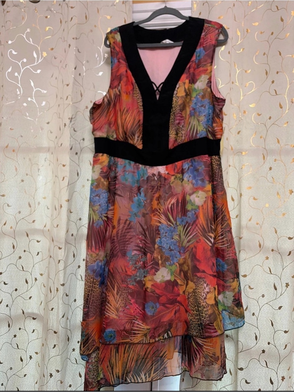 Perseption Tropical Floral High-Low Dress in Multicolor with Black Trim